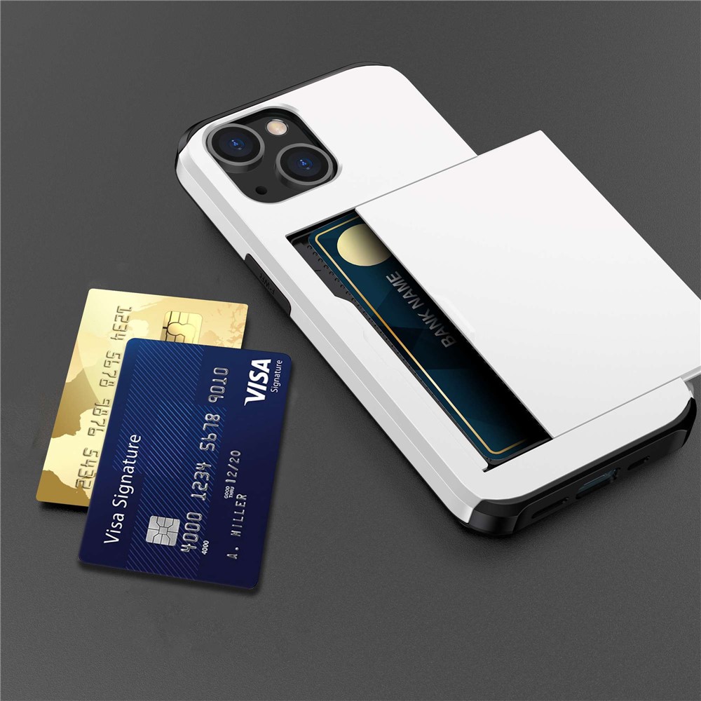 Slide Card Holder Phone Case for iPhone 14 6.1 inch, Drop-proof Protection TPU + PC Hybrid Cover - White-6