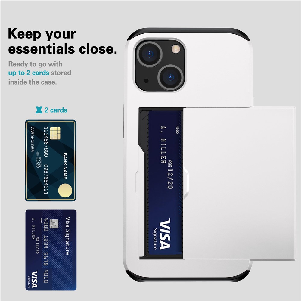 Slide Card Holder Phone Case for iPhone 14 6.1 inch, Drop-proof Protection TPU + PC Hybrid Cover - White-7