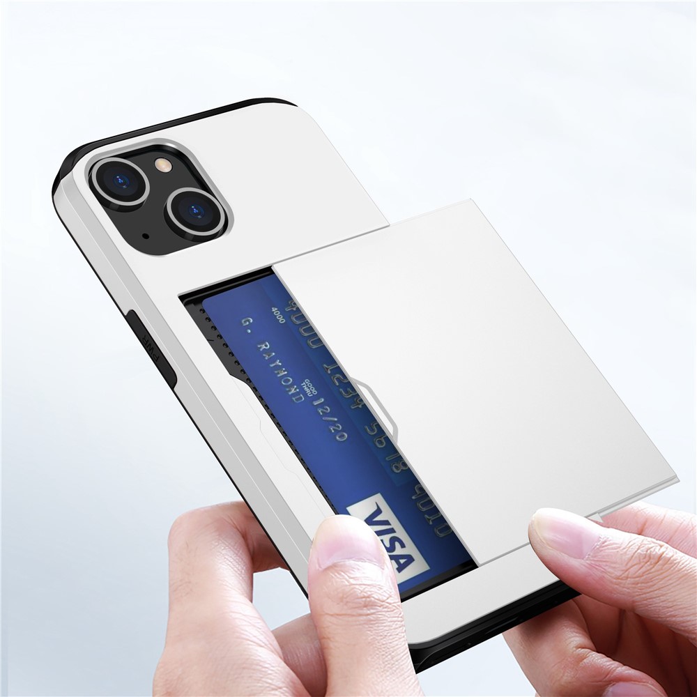 Slide Card Holder Phone Case for iPhone 14 6.1 inch, Drop-proof Protection TPU + PC Hybrid Cover - White-8