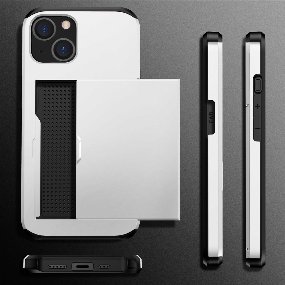 Slide Card Holder Phone Case for iPhone 14 6.1 inch, Drop-proof Protection TPU + PC Hybrid Cover - White-9
