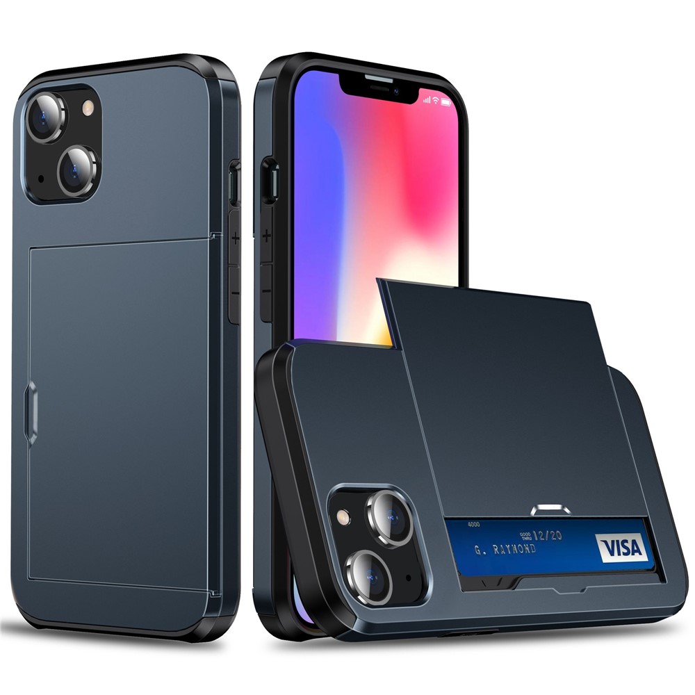 Card Holder Phone Case for iPhone 14 Max 6.7 inch, TPU + PC Dual Layer Protective Cover - Navy Blue-1
