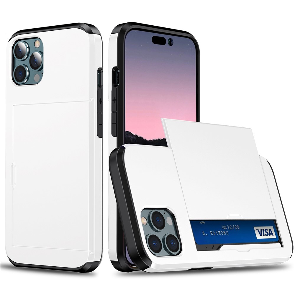 For iPhone 14 Pro Max 6.7 inch TPU + PC Hybrid Case Shockproof Phone Cover with Slide Card Holder - White-1