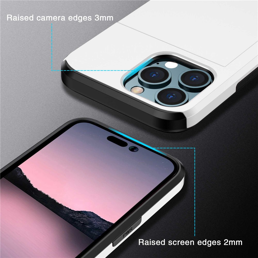 For iPhone 14 Pro Max 6.7 inch TPU + PC Hybrid Case Shockproof Phone Cover with Slide Card Holder - White-10