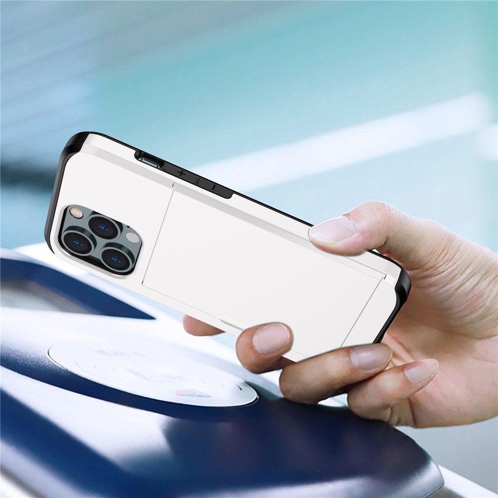 For iPhone 14 Pro Max 6.7 inch TPU + PC Hybrid Case Shockproof Phone Cover with Slide Card Holder - White-2