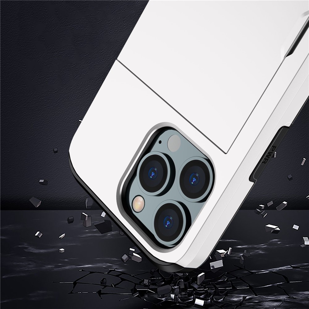 For iPhone 14 Pro Max 6.7 inch TPU + PC Hybrid Case Shockproof Phone Cover with Slide Card Holder - White-4