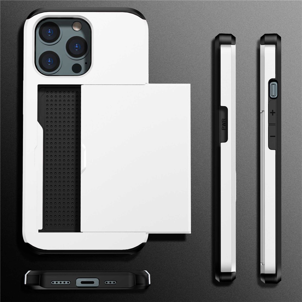 For iPhone 14 Pro Max 6.7 inch TPU + PC Hybrid Case Shockproof Phone Cover with Slide Card Holder - White-9