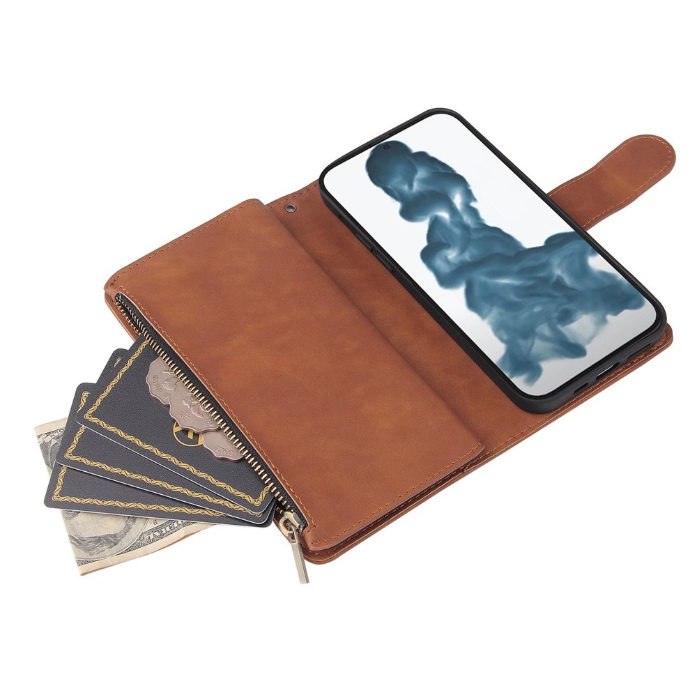 For iPhone 14 Max 6.7 inch Drop-proof Zipper Pocket Phone Wallet Case with Multiple Card Slots Protective PU Leather Flip Cover Stand - Brown-4