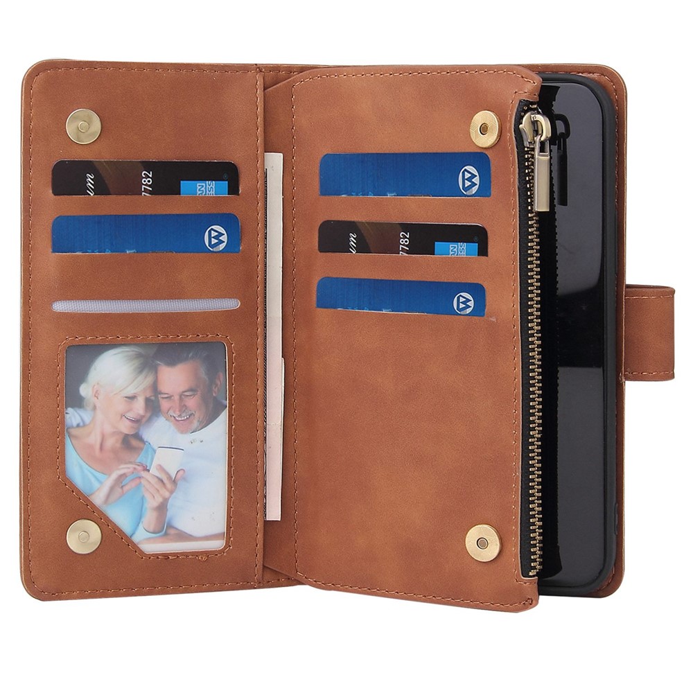 For iPhone 14 Max 6.7 inch Drop-proof Zipper Pocket Phone Wallet Case with Multiple Card Slots Protective PU Leather Flip Cover Stand - Brown-5