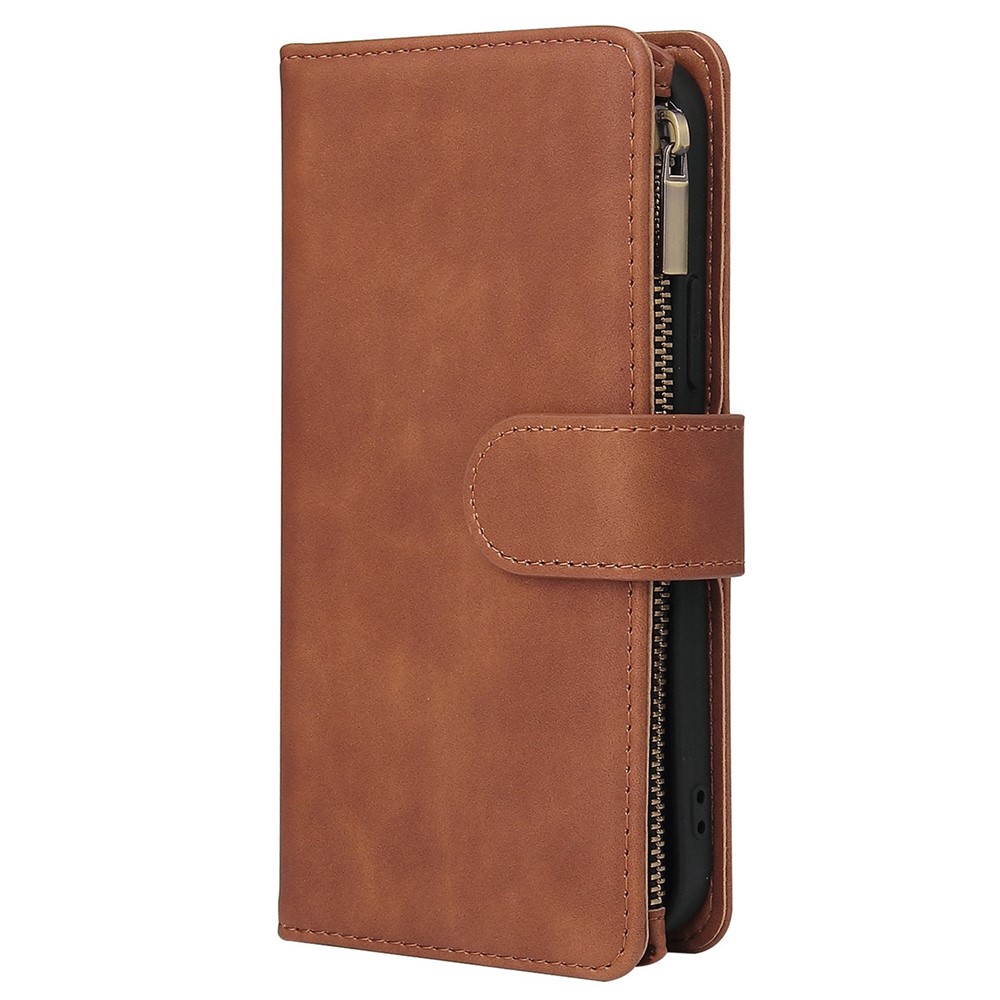 For iPhone 14 Max 6.7 inch Drop-proof Zipper Pocket Phone Wallet Case with Multiple Card Slots Protective PU Leather Flip Cover Stand - Brown-6