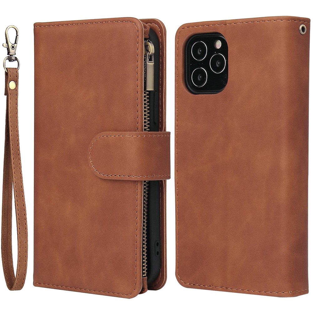 For iPhone 14 Pro 6.1 inch Anti-fall Zipper Pocket PU Leather Phone Wallet Case with Multiple Card Slots Anti-scratch Flip Cover Stand - Brown-1