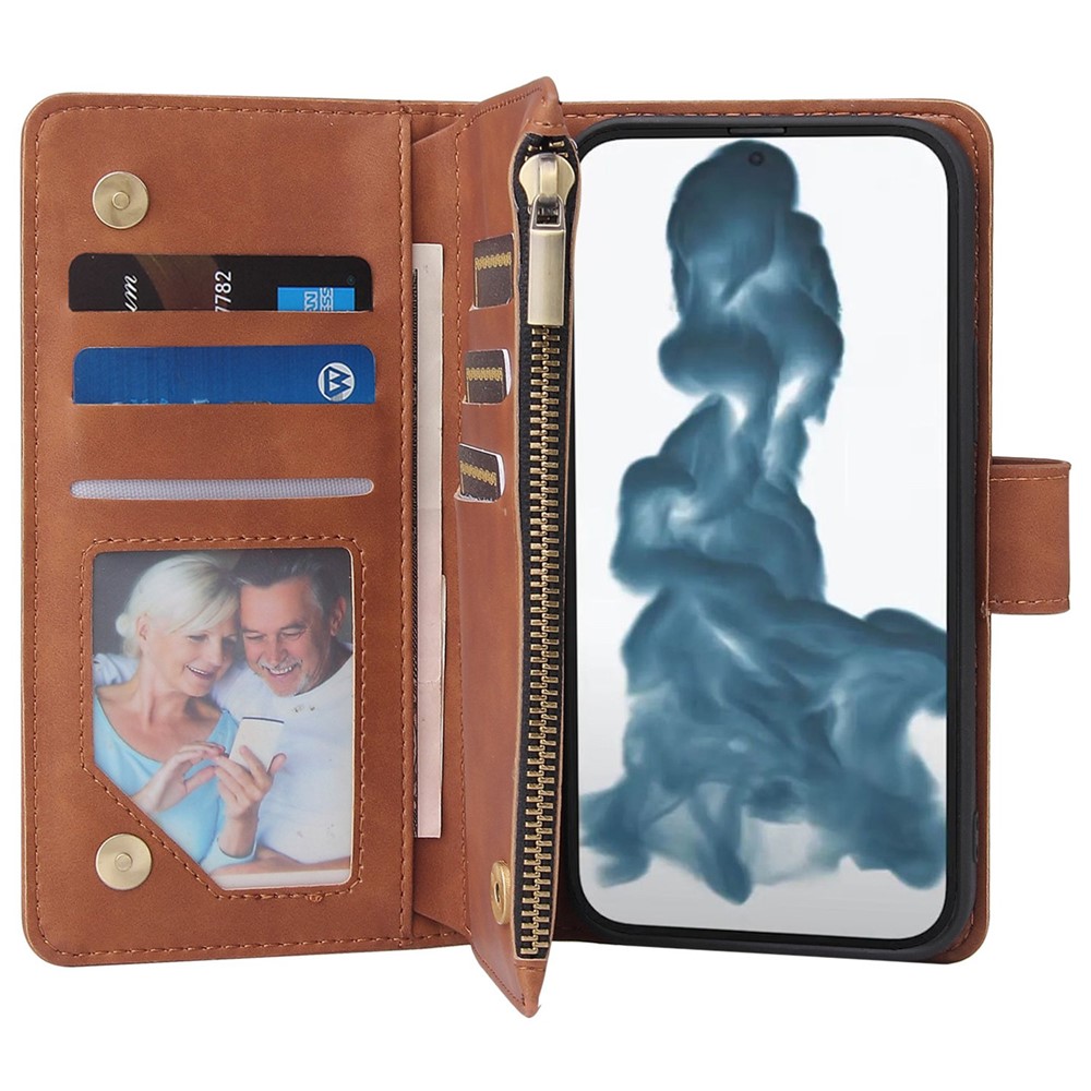For iPhone 14 Pro Max 6.7 inch Shockproof PU Leather Phone Wallet Case with Multiple Card Slots Zipper Pocket Flip Cover Stand - Brown-3
