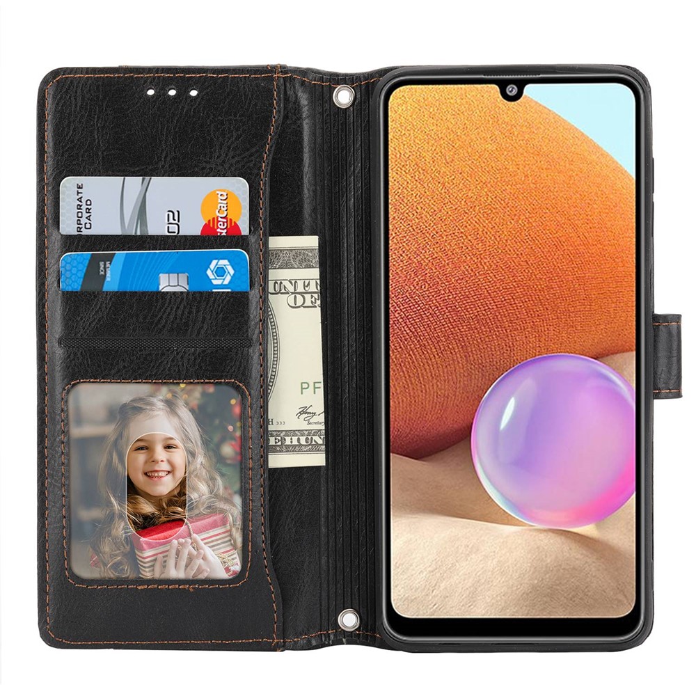 For Samsung Galaxy A23 4G (165.4 x 76.9 x 8.4mm) Zipper Pocket Phone Cover PU Leather Stand Case with Long Strap and Short Strap - Black-2