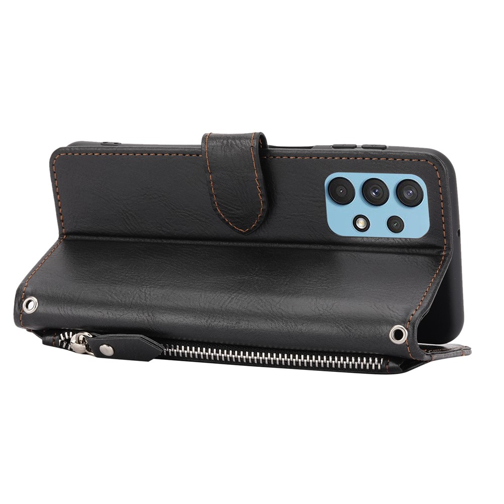 For Samsung Galaxy A23 4G (165.4 x 76.9 x 8.4mm) Zipper Pocket Phone Cover PU Leather Stand Case with Long Strap and Short Strap - Black-4