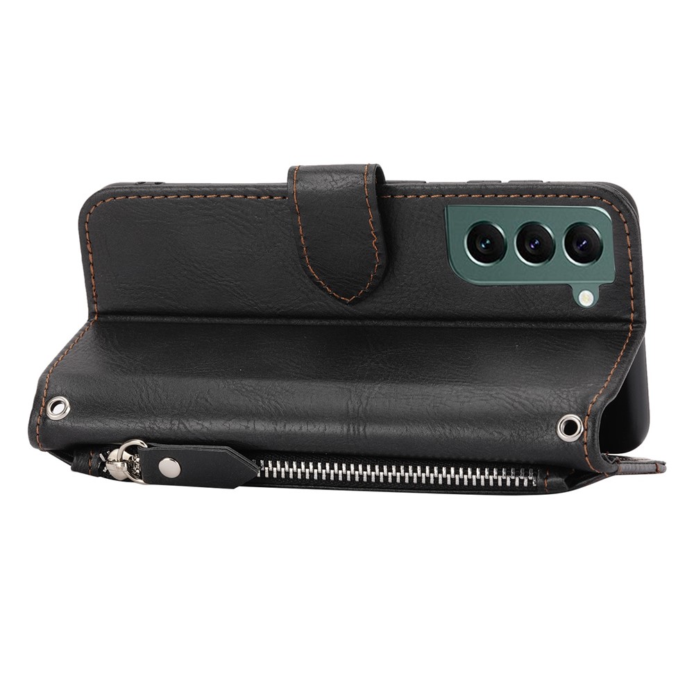 For Samsung Galaxy S22+ 5G Stand Wallet Style Phone Case Zipper Pocket Well-protected PU Leather Shell with Long / Short Straps - Black-4