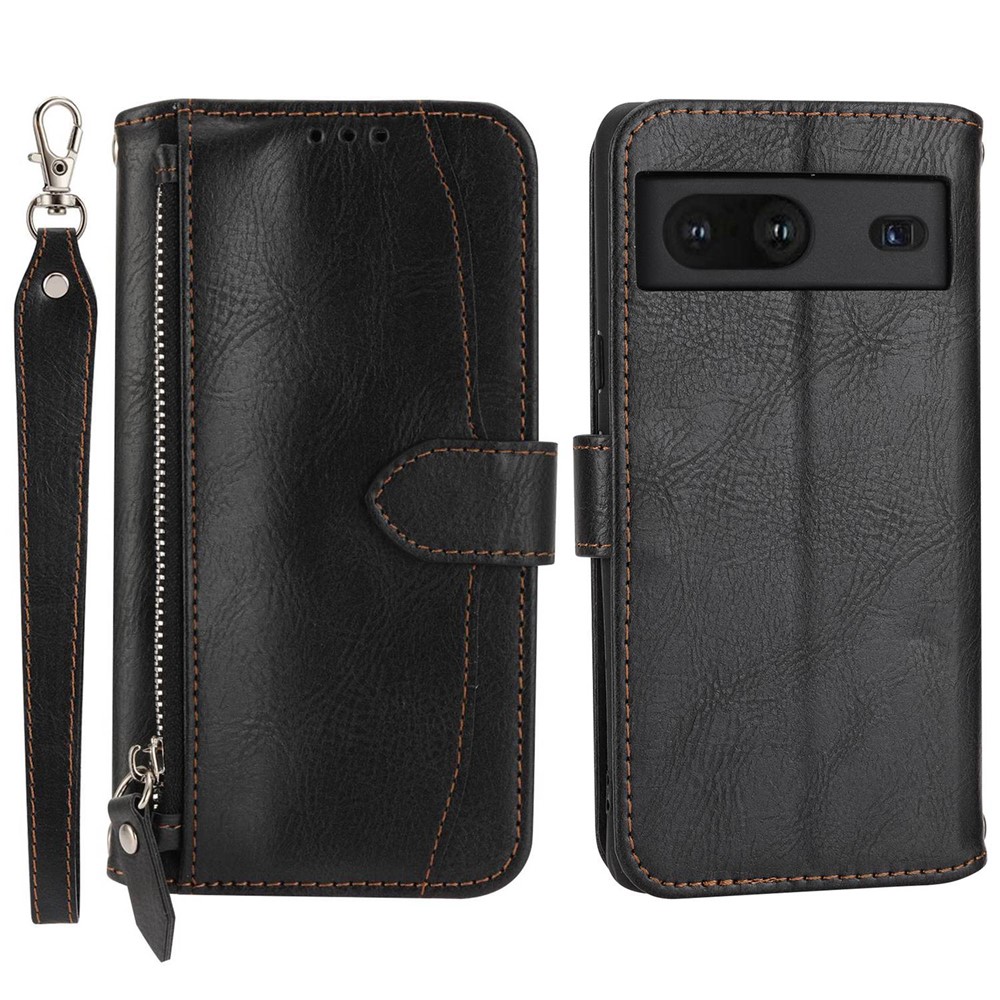 For Google Pixel 7 5G Stand Wallet PU Leather + TPU Phone Case Zipper Pocket Magnetic Closing Shell with Long / Short Straps - Black-1