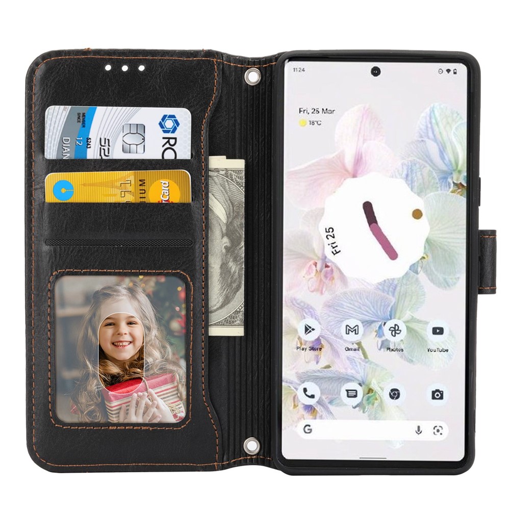 For Google Pixel 7 5G Stand Wallet PU Leather + TPU Phone Case Zipper Pocket Magnetic Closing Shell with Long / Short Straps - Black-2