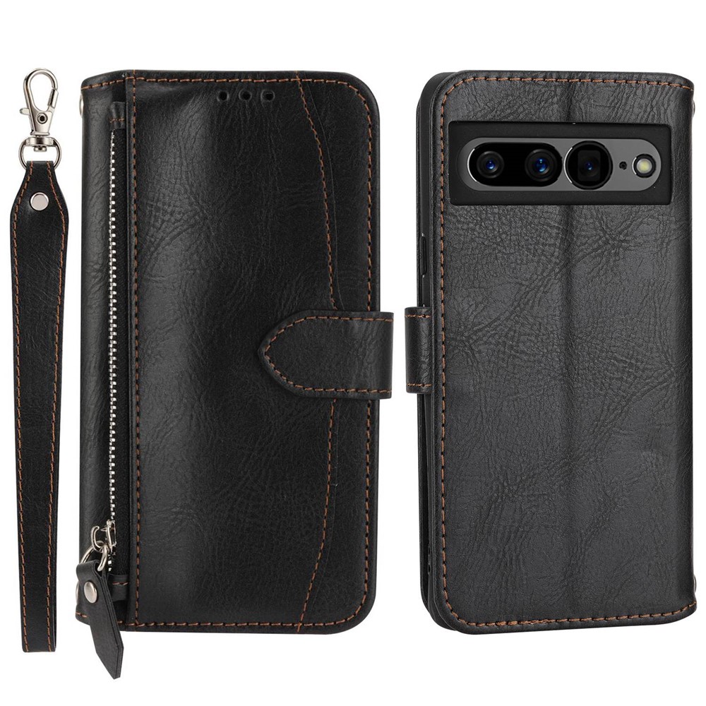 For Google Pixel 7 Pro Wallet Flip Phone Case Zipper Pocket Anti-wear Magnetic PU Leather Stand Shell with Long / Short Straps - Black-1