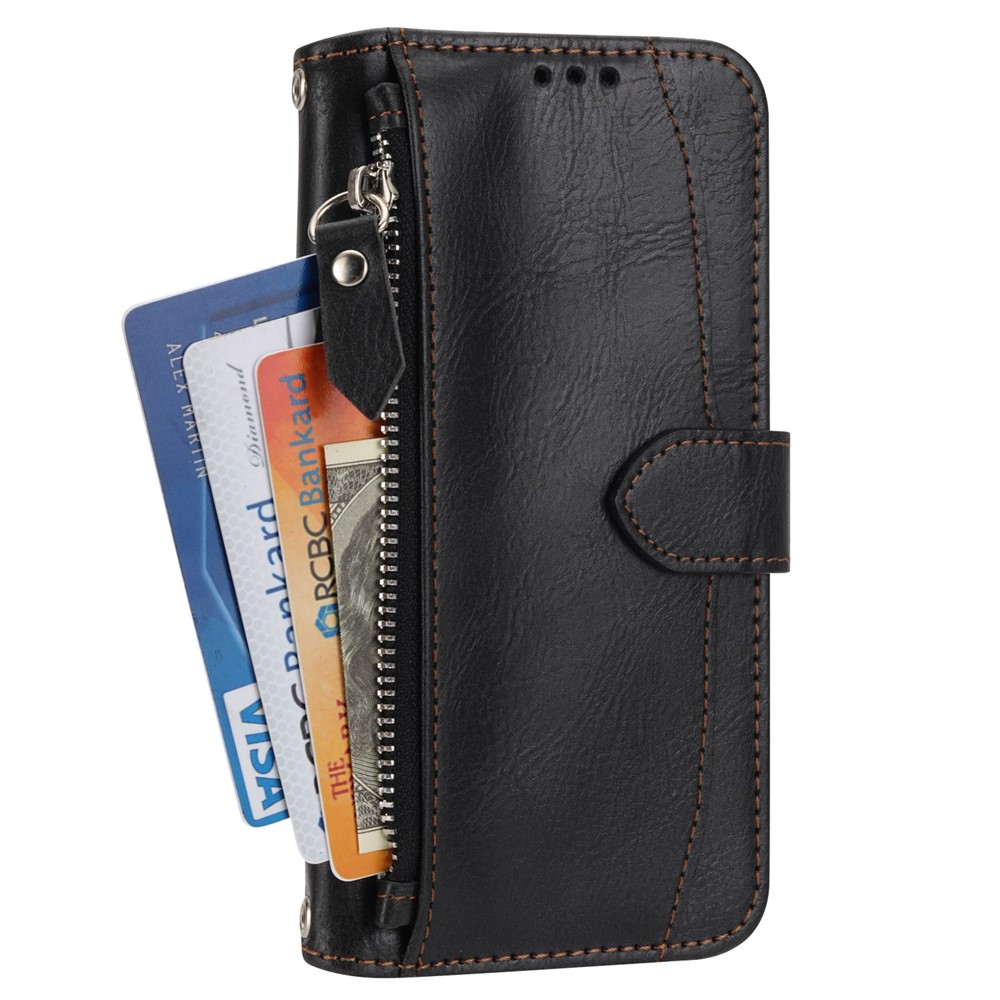 For Google Pixel 7 Pro Wallet Flip Phone Case Zipper Pocket Anti-wear Magnetic PU Leather Stand Shell with Long / Short Straps - Black-10