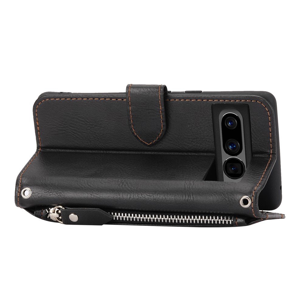 For Google Pixel 7 Pro Wallet Flip Phone Case Zipper Pocket Anti-wear Magnetic PU Leather Stand Shell with Long / Short Straps - Black-4