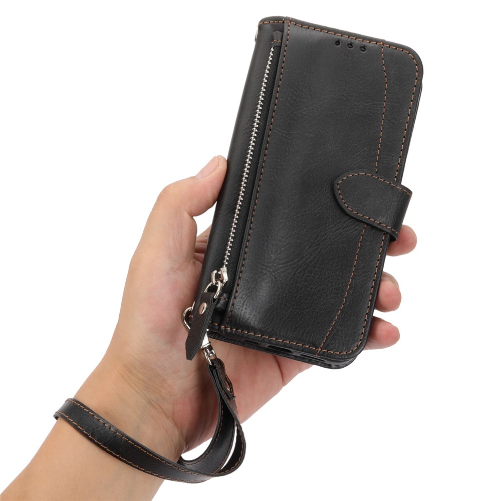 For Google Pixel 7 Pro Wallet Flip Phone Case Zipper Pocket Anti-wear Magnetic PU Leather Stand Shell with Long / Short Straps - Black-5