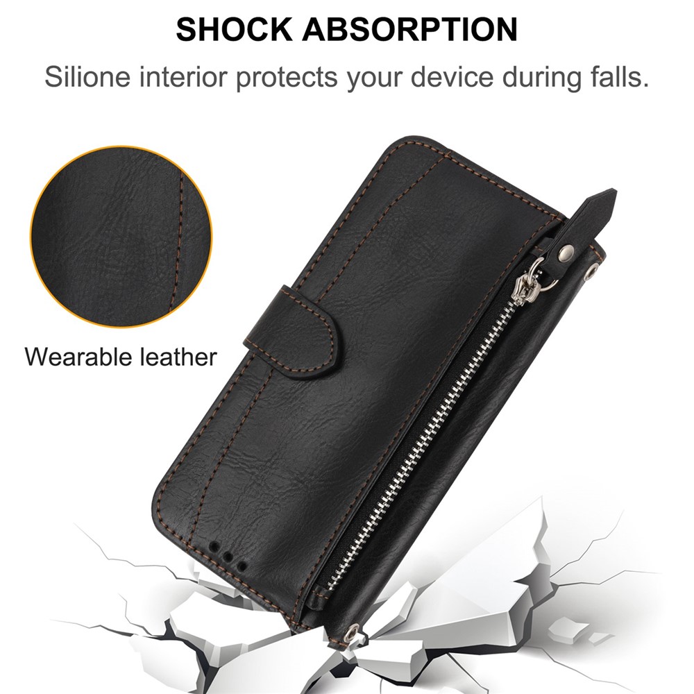 For Google Pixel 7 Pro Wallet Flip Phone Case Zipper Pocket Anti-wear Magnetic PU Leather Stand Shell with Long / Short Straps - Black-9