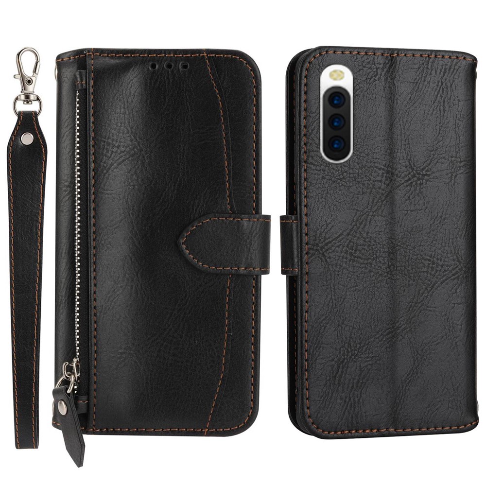 Phone Case for Sony Xperia 10 IV 5G, Wallet Function Zipper Pocket Anti-drop Stand PU Leather Shell with Long / Short Straps - Black-1