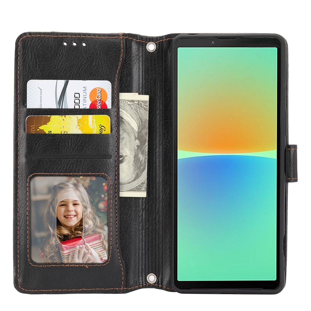 Phone Case for Sony Xperia 10 IV 5G, Wallet Function Zipper Pocket Anti-drop Stand PU Leather Shell with Long / Short Straps - Black-2
