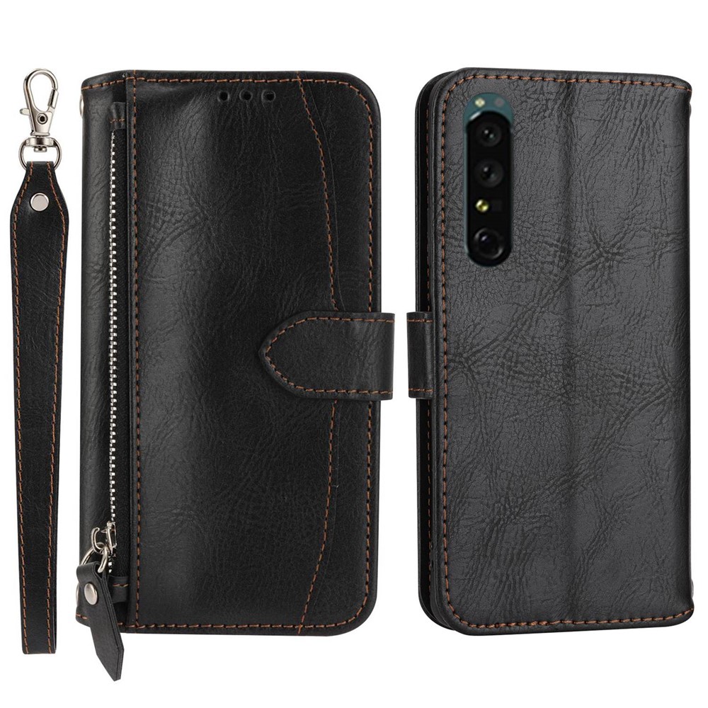 For Sony Xperia 1 IV 5G Zipper Pocket PU Leather Folio Flip Phone Cover Wallet Stand Case with Long Strap and Short Strap - Black-1