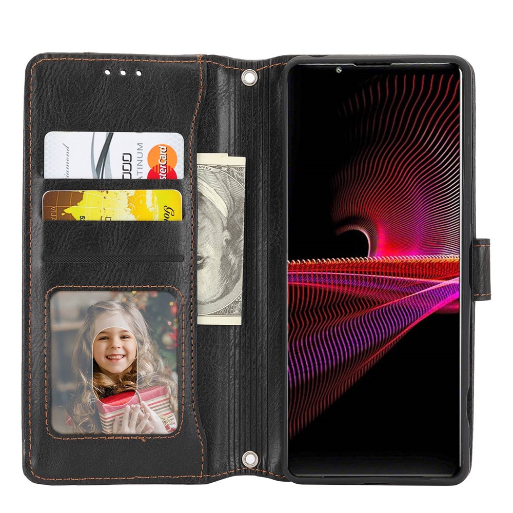 For Sony Xperia 1 IV 5G Zipper Pocket PU Leather Folio Flip Phone Cover Wallet Stand Case with Long Strap and Short Strap - Black-2