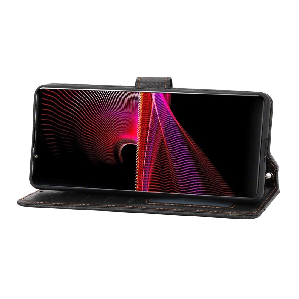 For Sony Xperia 1 IV 5G Zipper Pocket PU Leather Folio Flip Phone Cover Wallet Stand Case with Long Strap and Short Strap - Black-3