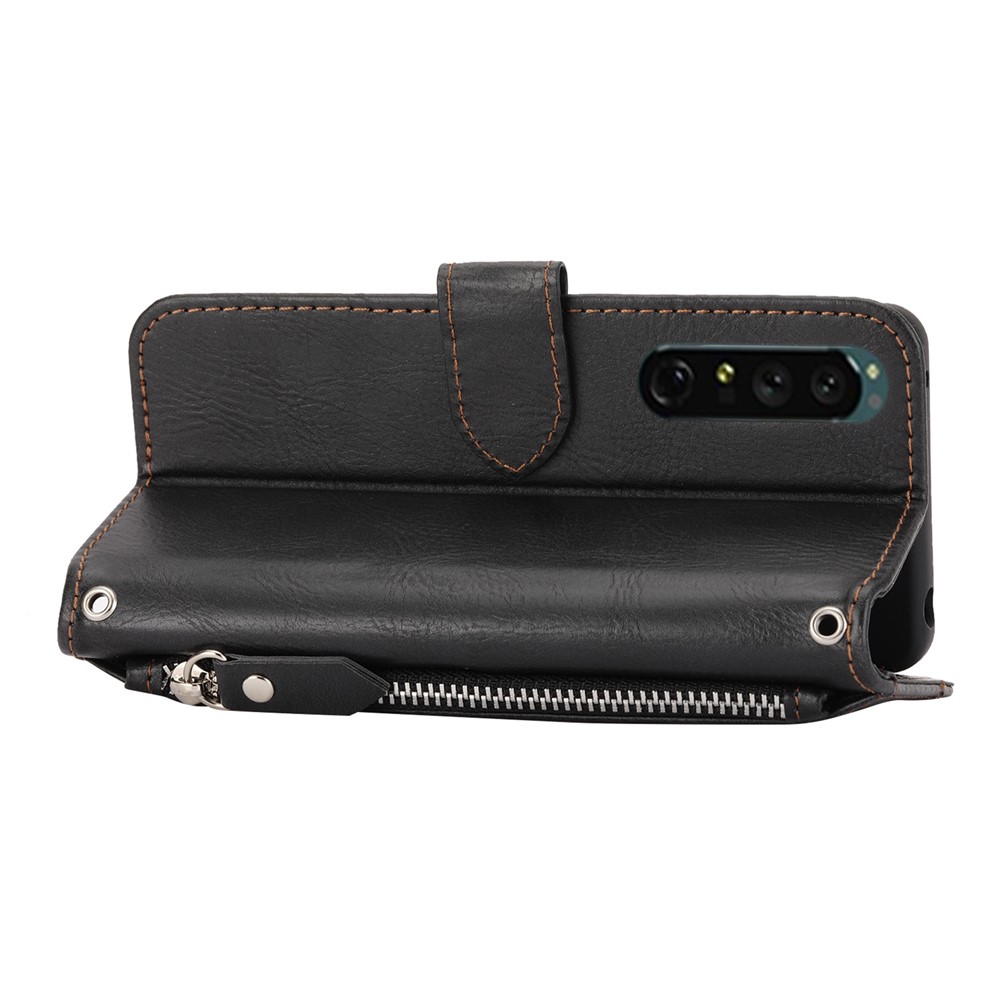 For Sony Xperia 1 IV 5G Zipper Pocket PU Leather Folio Flip Phone Cover Wallet Stand Case with Long Strap and Short Strap - Black-4