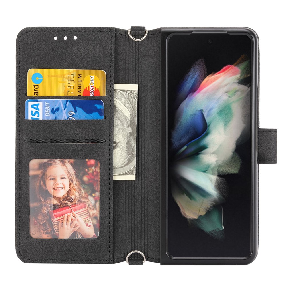 For Samsung Galaxy Z Fold4 5G Imprinted Pattern PU Leather Case Full Protection Stand Wallet Phone Cover with Strap - Black-3
