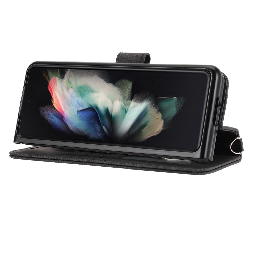 For Samsung Galaxy Z Fold4 5G Imprinted Pattern PU Leather Case Full Protection Stand Wallet Phone Cover with Strap - Black-4