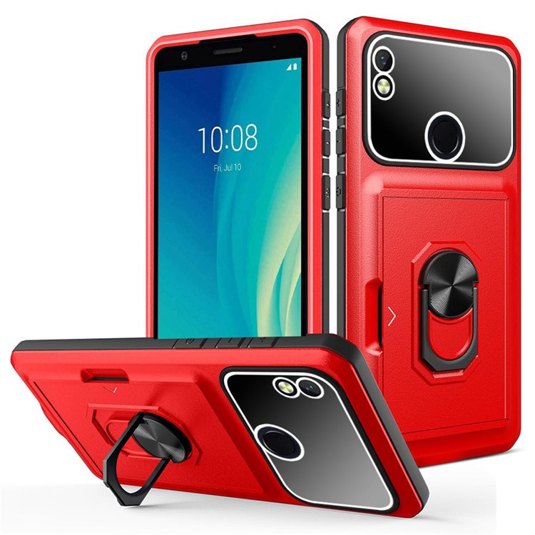 For ZTE Blade L210 Anti-scratch Phone Back Cover Built-in Ring Kickstand Sliding Card Holder with Micron Lens Film - Red / Black-1