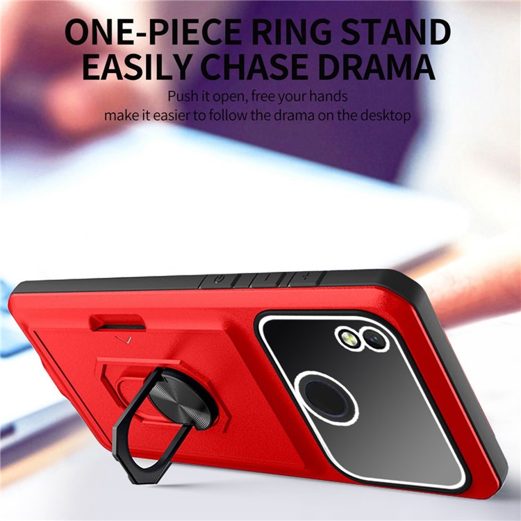 For ZTE Blade L210 Anti-scratch Phone Back Cover Built-in Ring Kickstand Sliding Card Holder with Micron Lens Film - Red / Black-2