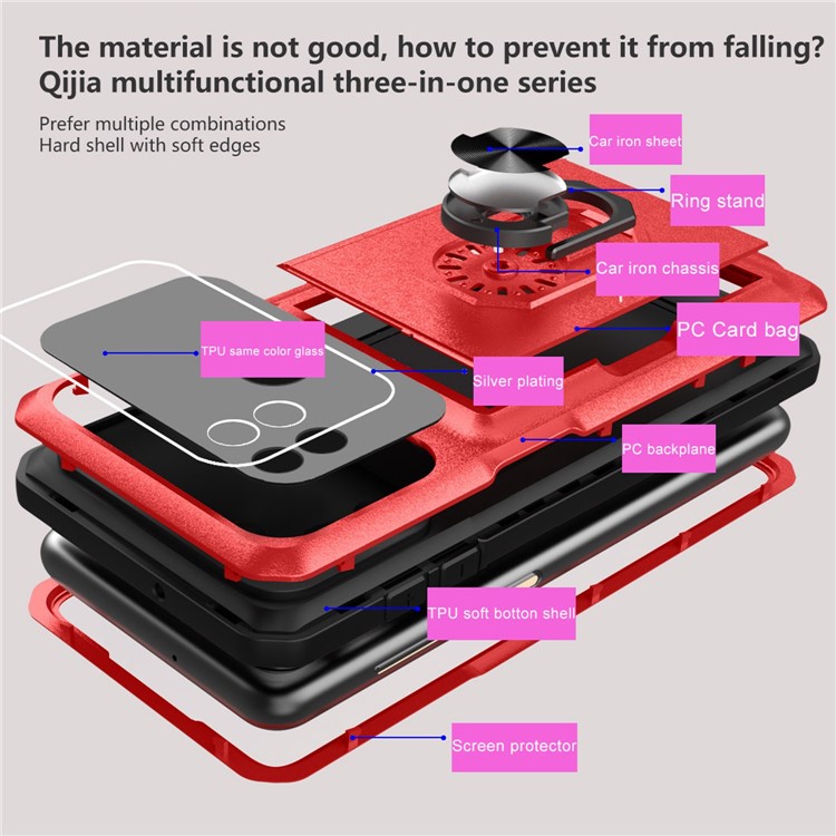 For ZTE Blade L210 Anti-scratch Phone Back Cover Built-in Ring Kickstand Sliding Card Holder with Micron Lens Film - Red / Black-4