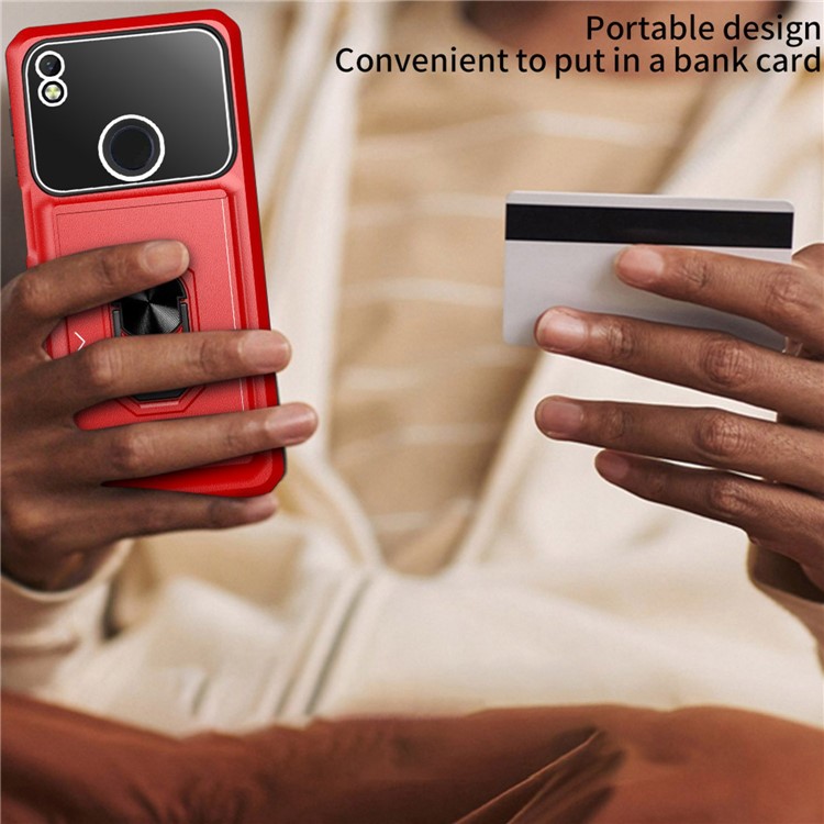 For ZTE Blade L210 Anti-scratch Phone Back Cover Built-in Ring Kickstand Sliding Card Holder with Micron Lens Film - Red / Black-6