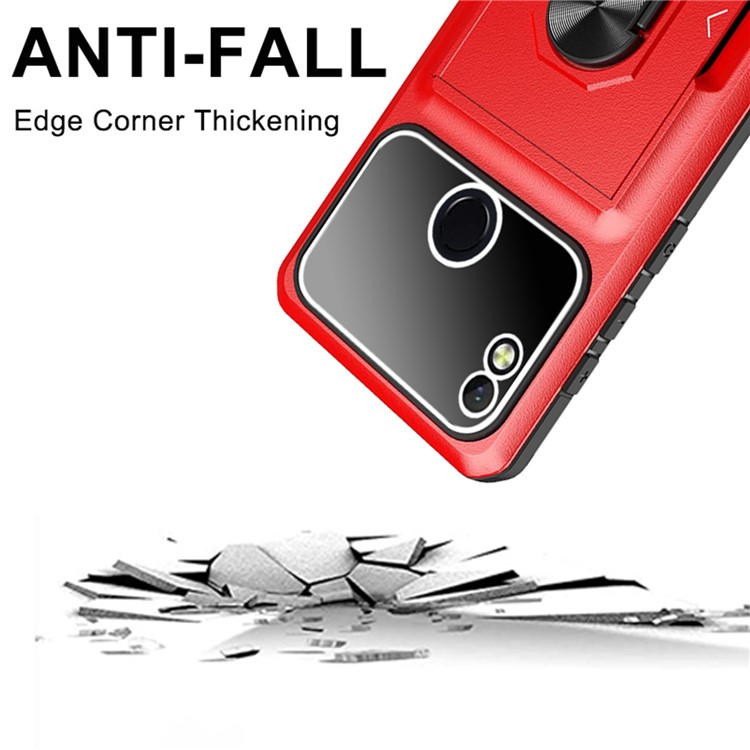 For ZTE Blade L210 Anti-scratch Phone Back Cover Built-in Ring Kickstand Sliding Card Holder with Micron Lens Film - Red / Black-8