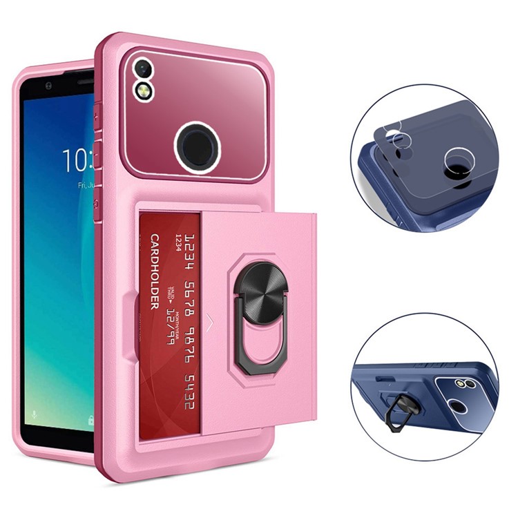 For ZTE Blade L210 Anti-scratch Phone Back Cover Built-in Ring Kickstand Sliding Card Holder with Micron Lens Film - Red / Black-9