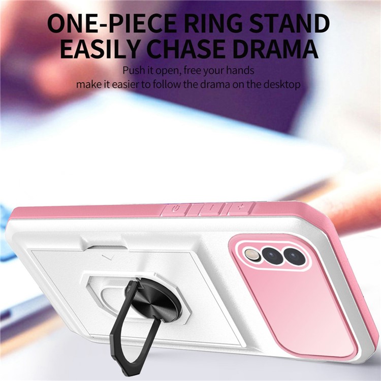 For ZTE Blade A5 2020 Drop-proof Phone Case Hybrid TPU Hard PC Ring Kickstand Back Cover Card Holder - Whtie / Pink-2