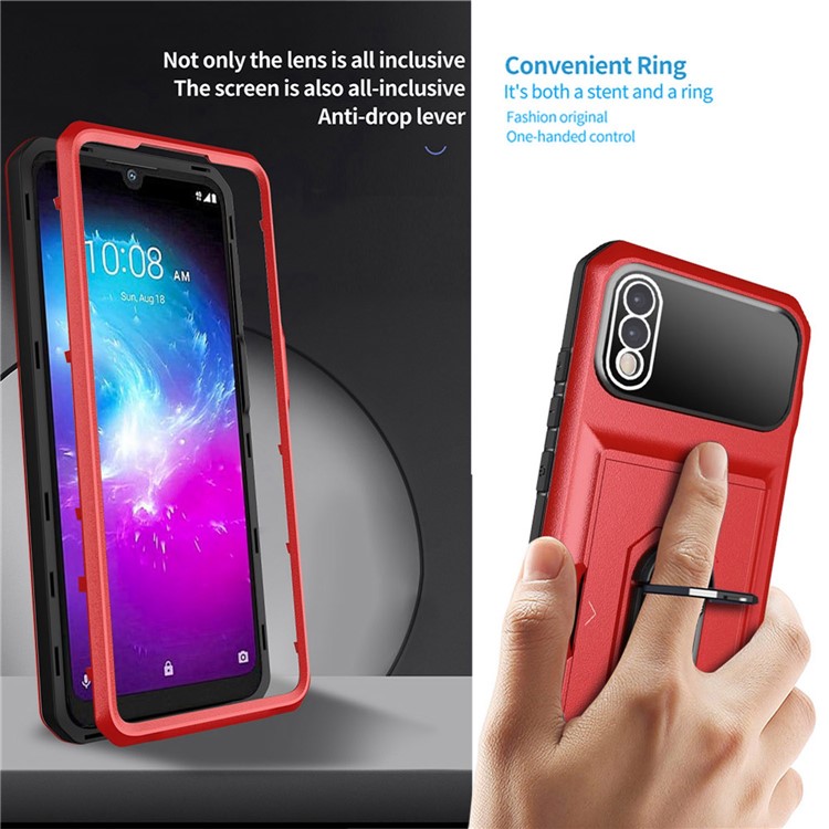 For ZTE Blade A5 2020 Drop-proof Phone Case Hybrid TPU Hard PC Ring Kickstand Back Cover Card Holder - Whtie / Pink-4