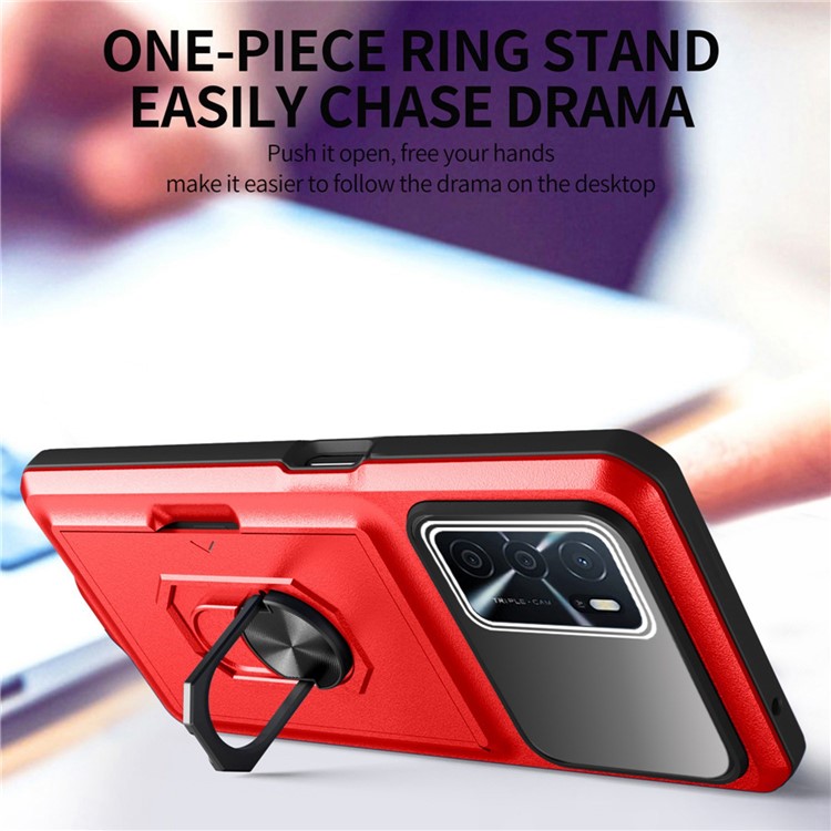 For Oppo A16 / A16s / A54s Shockproof Phone Case Hybrid TPU Hard PC Back Cover Ring Kickstand Protective Shell with Card Slot - Red / Black-2