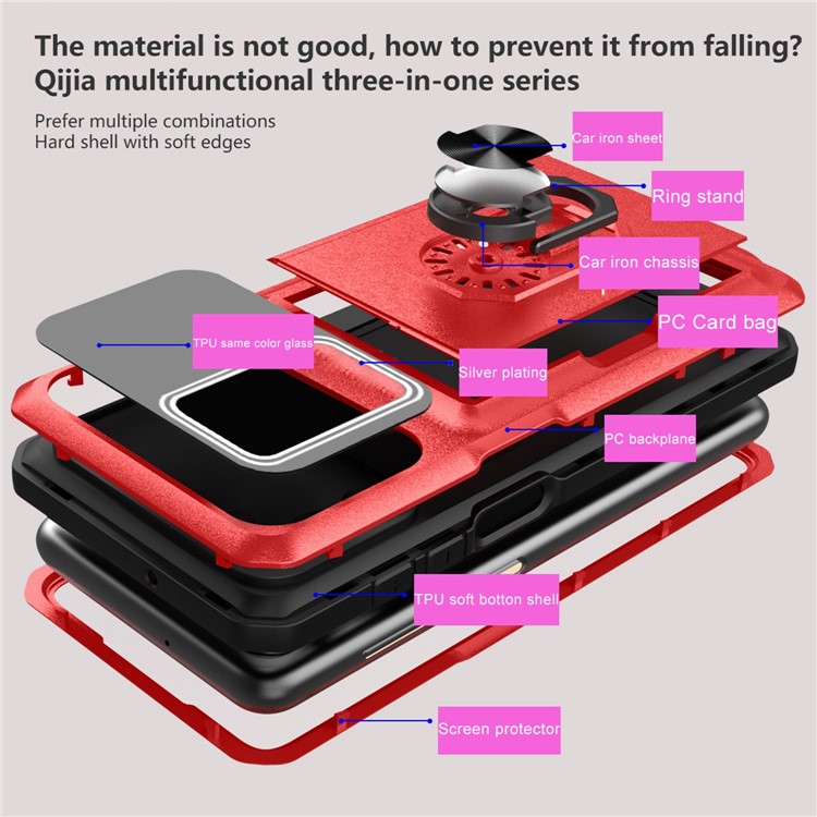 For Oppo A16 / A16s / A54s Shockproof Phone Case Hybrid TPU Hard PC Back Cover Ring Kickstand Protective Shell with Card Slot - Red / Black-4