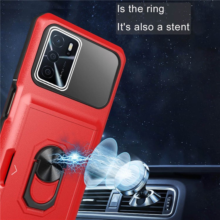 For Oppo A16 / A16s / A54s Shockproof Phone Case Hybrid TPU Hard PC Back Cover Ring Kickstand Protective Shell with Card Slot - Red / Black-7