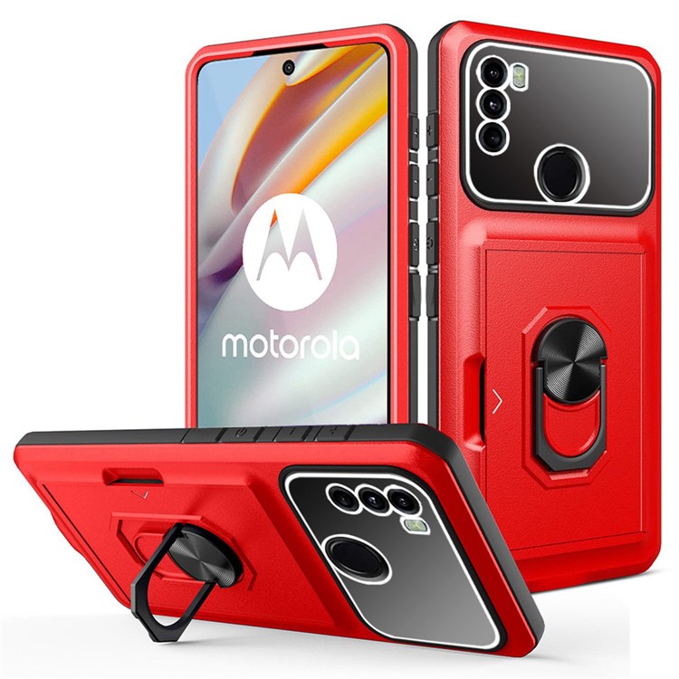 For Motorola Moto G60 Anti-fall Phone Case Rotary Kickstand Sliding Card Holder Micron Lens Film Design TPU + PC Phone Shell - Red / Black-1