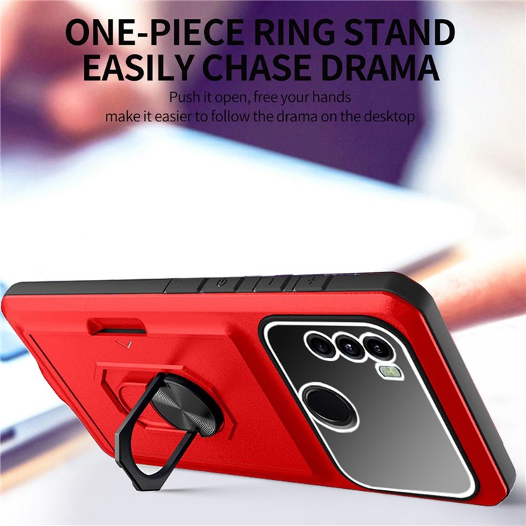For Motorola Moto G60 Anti-fall Phone Case Rotary Kickstand Sliding Card Holder Micron Lens Film Design TPU + PC Phone Shell - Red / Black-2