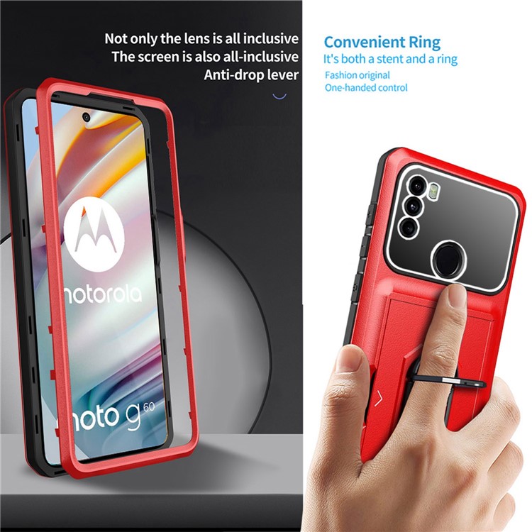 For Motorola Moto G60 Anti-fall Phone Case Rotary Kickstand Sliding Card Holder Micron Lens Film Design TPU + PC Phone Shell - Red / Black-3