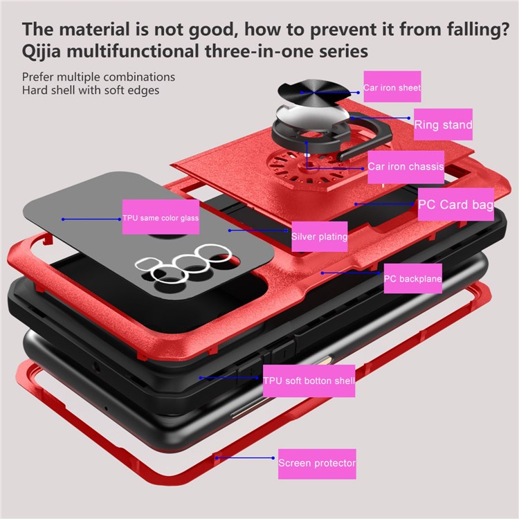 For Motorola Moto G60 Anti-fall Phone Case Rotary Kickstand Sliding Card Holder Micron Lens Film Design TPU + PC Phone Shell - Red / Black-4