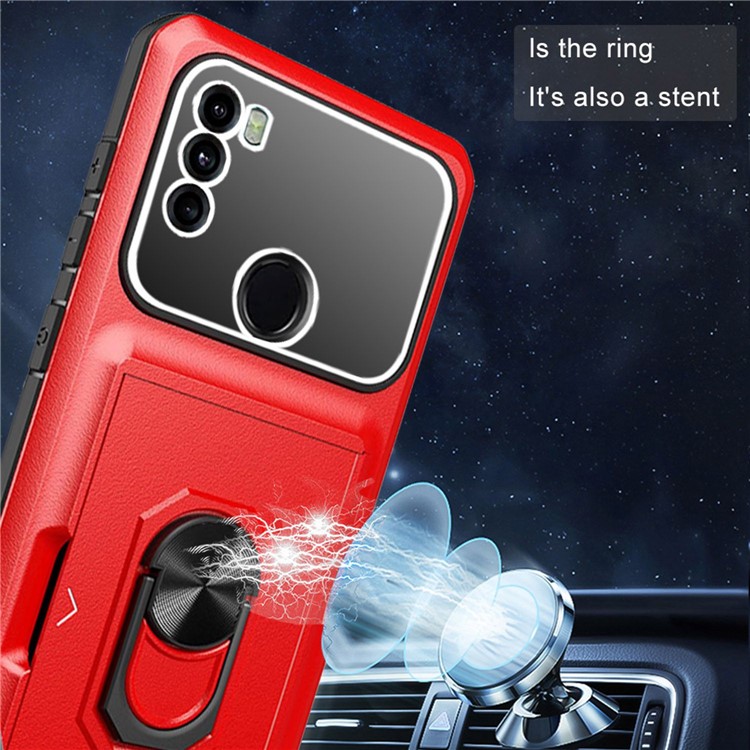 For Motorola Moto G60 Anti-fall Phone Case Rotary Kickstand Sliding Card Holder Micron Lens Film Design TPU + PC Phone Shell - Red / Black-5