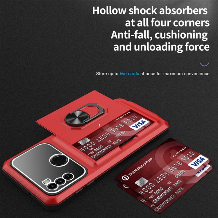For Motorola Moto G60 Anti-fall Phone Case Rotary Kickstand Sliding Card Holder Micron Lens Film Design TPU + PC Phone Shell - Red / Black-6